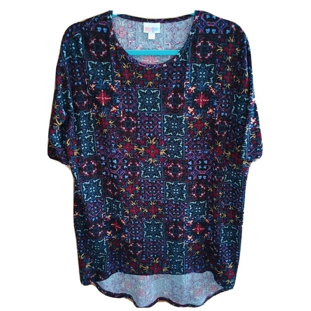 LULAROE Womens XXS Artsy Velvety Print Hi-Lo Hem Short Sleeve Top Multicolor